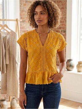 Johnny was Yellow Eyelet Peplum Top